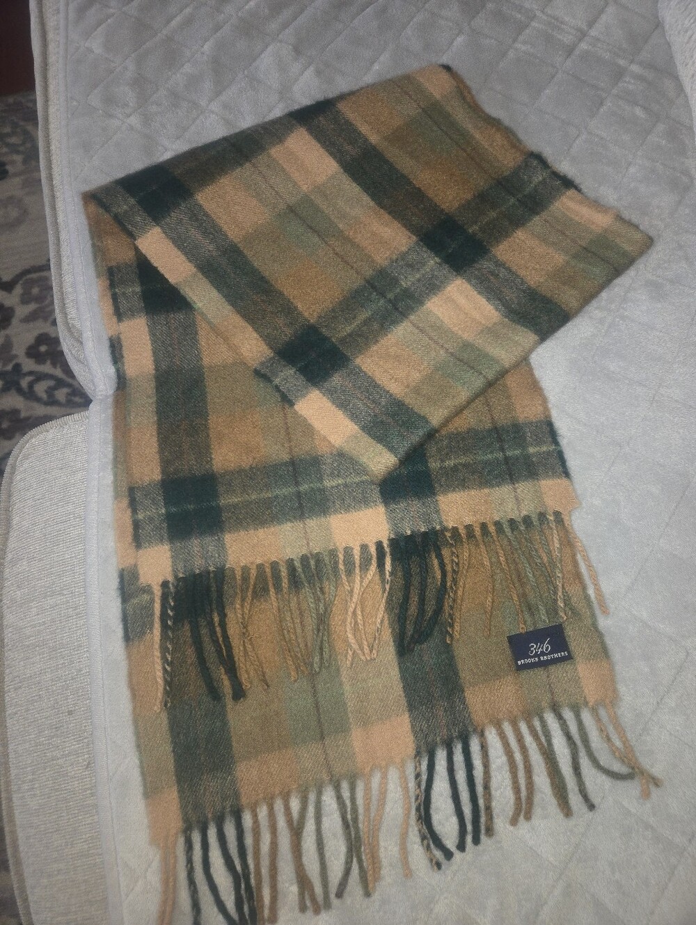 Brooks Brothers Tan and Green Plaid Wool Scarf